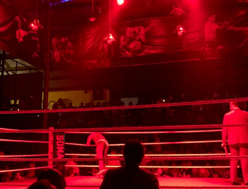 A wrestling ring is illuminated with red lighting, creating a dramatic atmosphere. Several people are visible around the ring, with silhouetted spectators in the foreground. Banners or art adorn the upper walls, and the venue has an industrial ceiling with exposed beams.